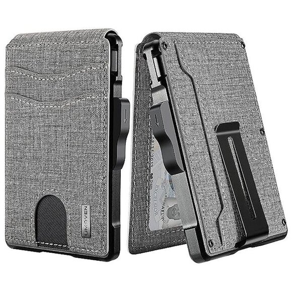 Wallet for Men - with Money Clip Slim Leather Slots , Gray Fabric